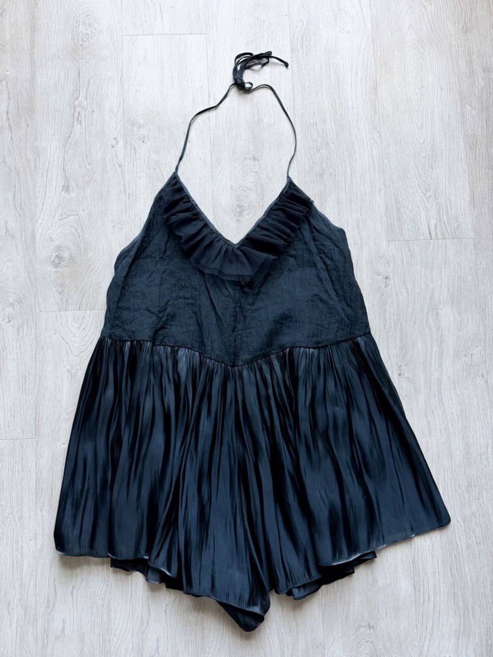 NWT Free People Do A Twirl Backless Romper Black V-Neck Halter Tulle Ruffle L